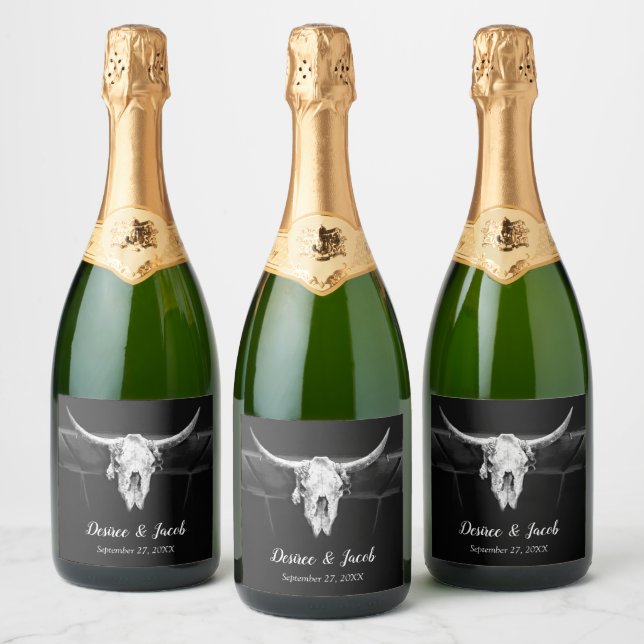 Rustic Wedding Western Black And White Bull Skull Sparkling Wine Label (Bottles)