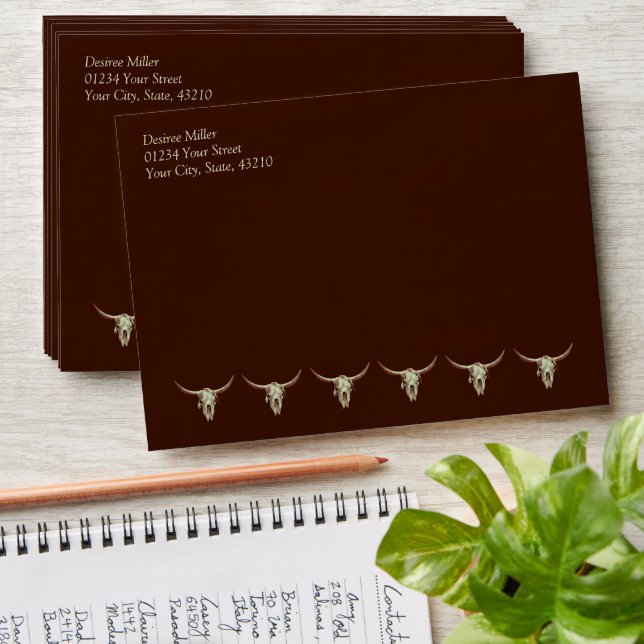Rustic Wedding Western Brown Country Bull Skull  Envelope (Stacked)