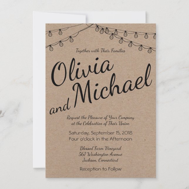 Rustic Wedding with String Lights on Kraft Paper Invitation (Front)