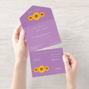 rustic wedding with sunflowers - purple all in one invitation