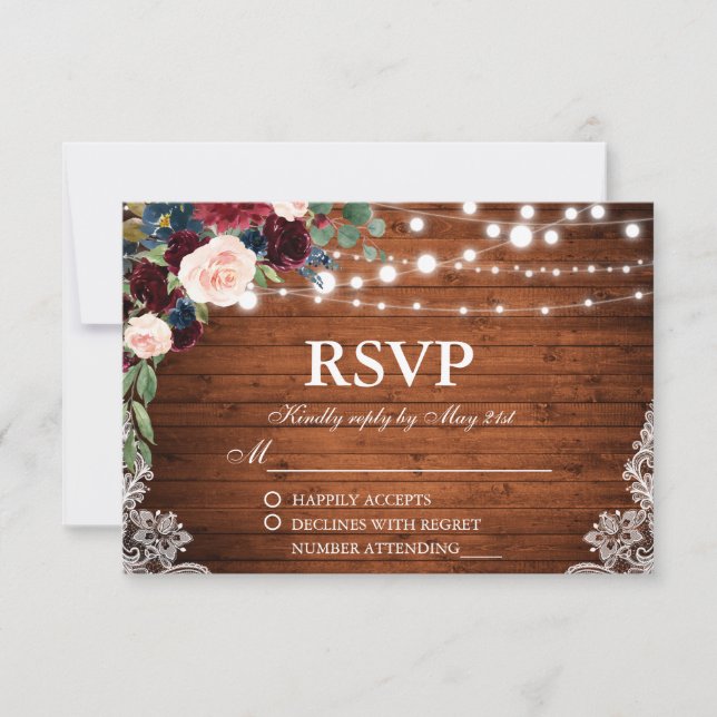 Rustic Wedding Wood Burgundy Blue Floral RSVP (Front)