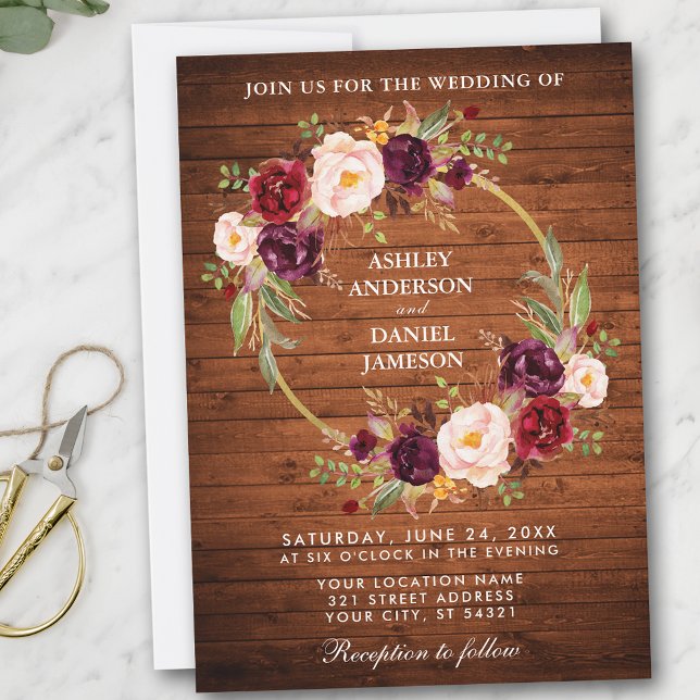 Rustic Wedding Wood Burgundy Floral Wreath Invite (Customize to add more text or photos to back of card.)