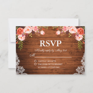 Rustic Wedding Wood Coral Floral Lace RSVP Card