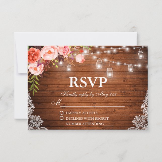 Rustic Wedding Wood Coral Floral Lights Jars RSVP (Front)