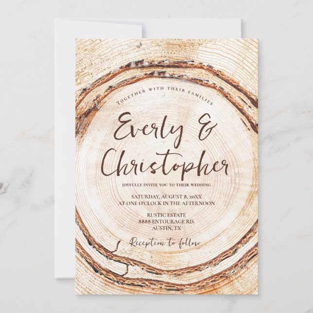 Rustic Wedding Wood Cut Slice Customizable Invitation (Front)