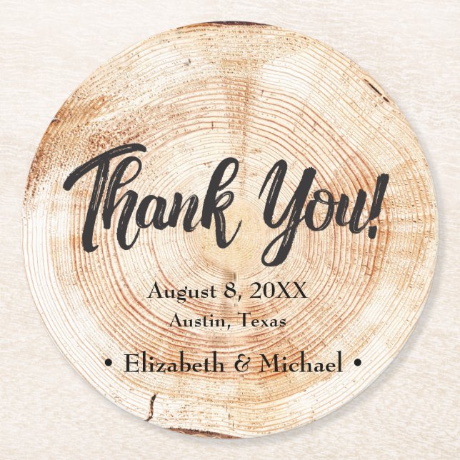 Rustic Wedding Wood Cut Thank You Round Paper Coaster (Front)