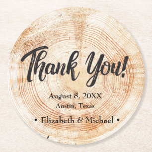 Rustic Wedding Wood Cut Thank You Round Paper Coaster