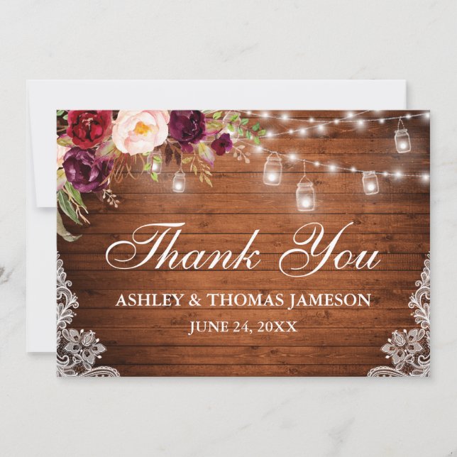 Rustic Wedding Wood Floral Lights Jars Lace Thanks Thank You Card (Front)
