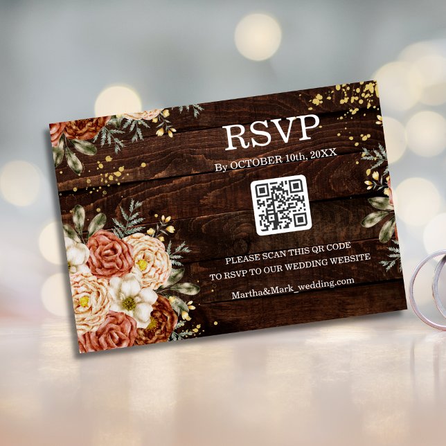 Rustic Wedding Wood Floral QR Code Reservation Invitation (Creator Uploaded)