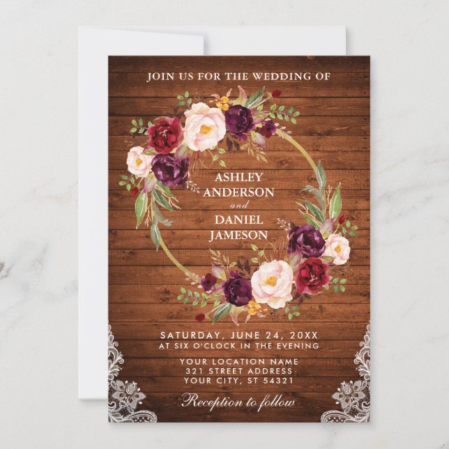 Rustic Wedding Wood Floral Wreath Lace Invite (Front)
