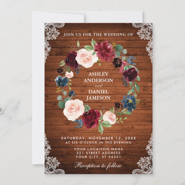 Rustic Wedding Wood Floral Wreath Lace Invite B (Front)