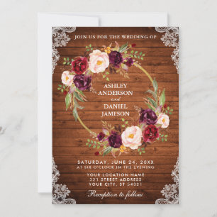 Rustic Wedding Wood Floral Wreath Lace Invite Br