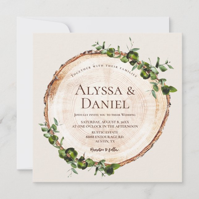 Rustic Wedding Wood Grain Green Foliage Custom Invitation (Front)