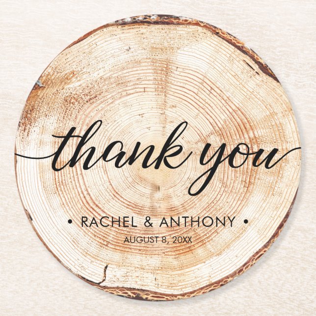 Rustic Wedding Wood Grain Thank You Round Paper Coaster (Front)