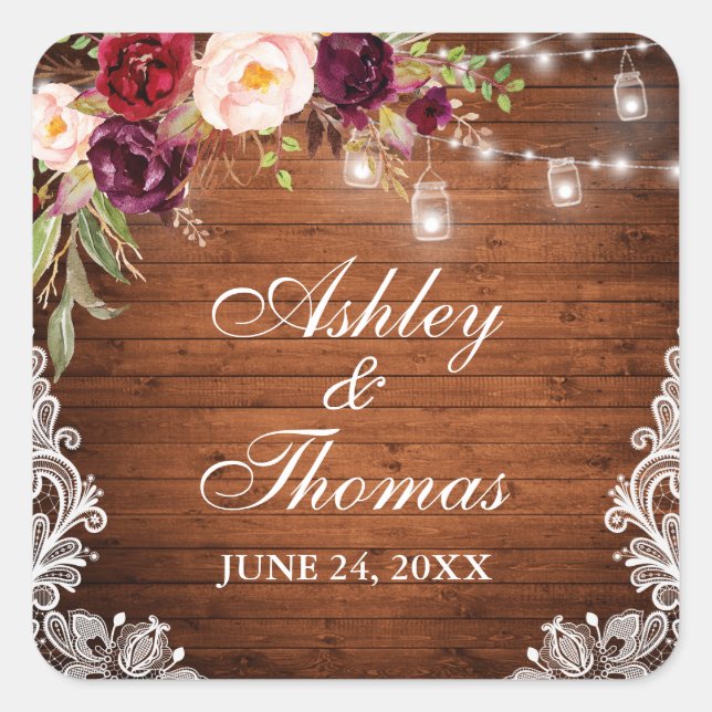 Rustic Wedding Wood Jar Lights Floral Lace Square Sticker (Front)