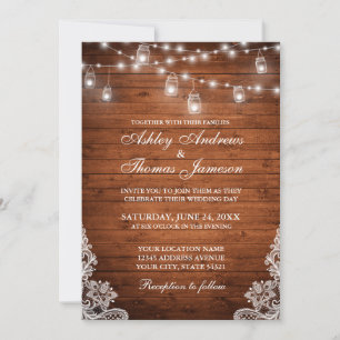 Rustic Wedding Wood Jar String Lights Lace Invitation