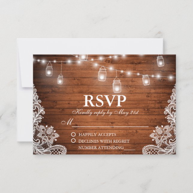 Rustic Wedding Wood Jar String Lights Lace RSVP Card (Front)