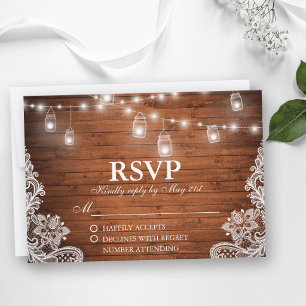 Rustic Wedding Wood Jar String Lights Lace RSVP Card