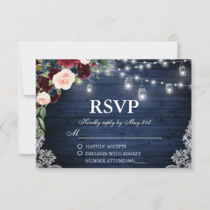 Rustic Wedding Wood Jars Blue Burgundy Floral RSVP