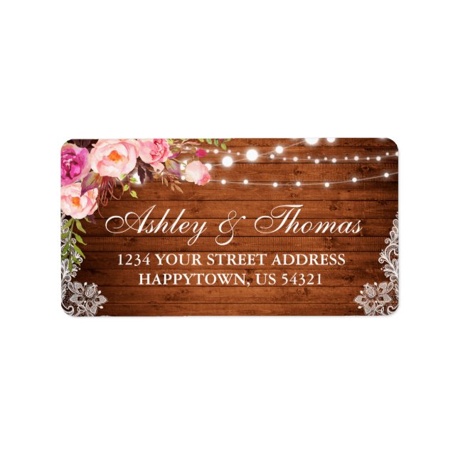 Rustic Wedding Wood Lace Lights Floral Address Label (Front)