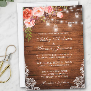 Rustic Wedding Wood Lights Jars Lace Coral Floral Invitation