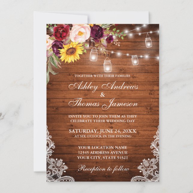 Rustic Wedding Wood Lights Jars Lace Mixed Floral Invitation (Front)