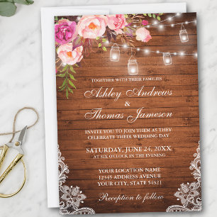 Rustic Wedding Wood Lights Jars Lace Pink Floral Invitation