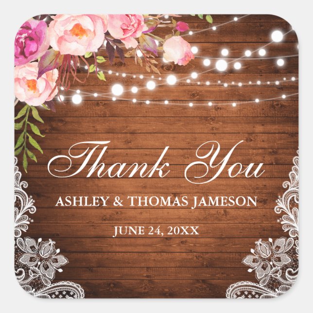Rustic Wedding Wood Lights Lace Floral Thank You P Square Sticker (Front)