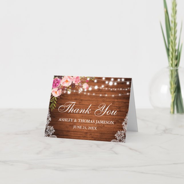 Rustic Wedding Wood Lights Lace Floral Thanks Note Thank You Card (Front)