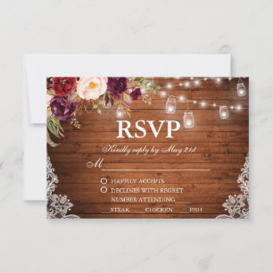 Rustic Wedding Wood Lights Lace Jars Floral RSVP M Card