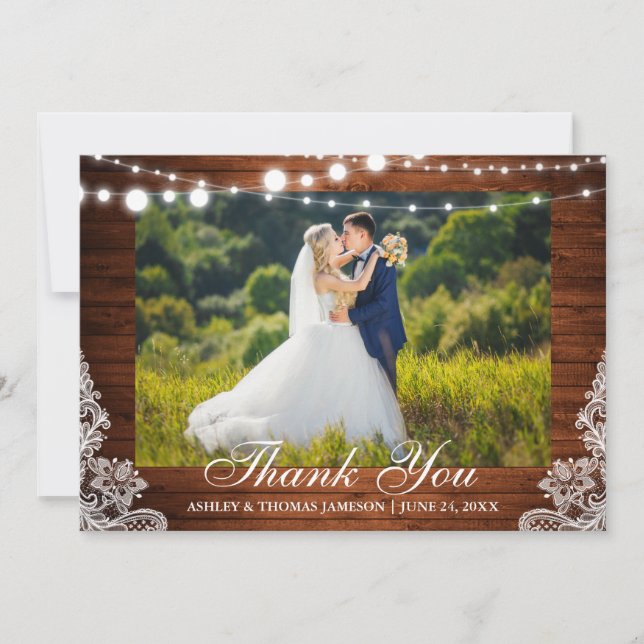 Rustic Wedding Wood Lights Lace Photo Thank You (Front)