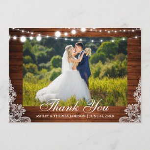 Rustic Wedding Wood Lights Lace Photo Thank You Card