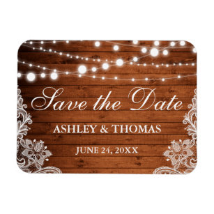 Rustic Wedding Wood Lights Lace Save the Date Magnet