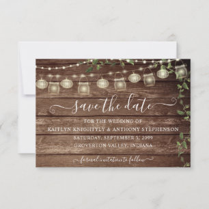 Rustic Wedding Wood Lights Mason Jar Save The Date