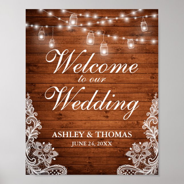 Rustic Wedding Wood Mason Jar Lights Lace Poster (Front)