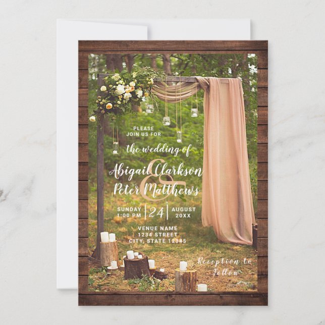 Rustic Wedding Wood Peach Mason Jar Candles Invitation (Front)