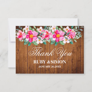 Rustic Wedding Wood Pink Floral Lights Lace Thank You Card