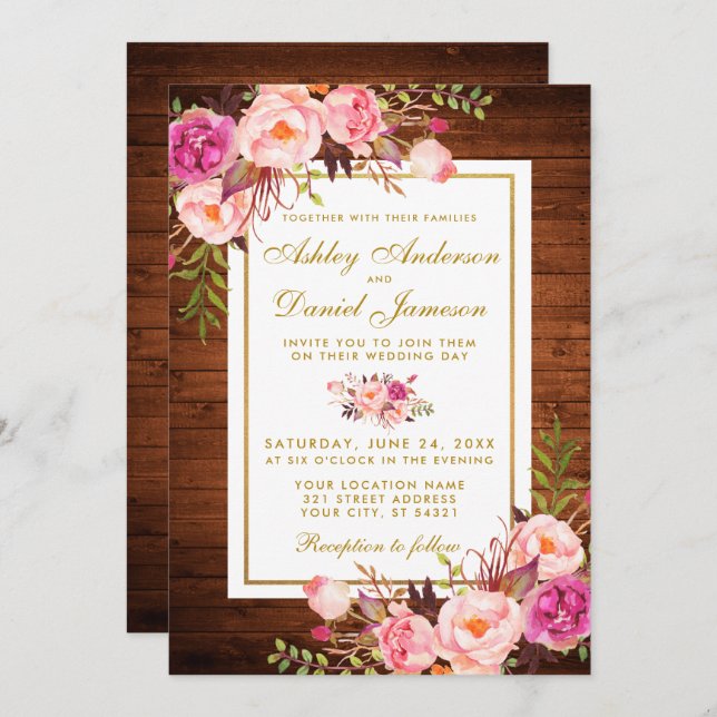 Rustic Wedding Wood Pink Floral Wedding Invite (Front/Back)