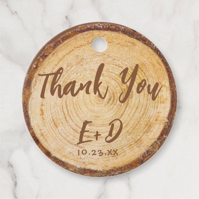 Rustic Wedding Wood Slice Thank You Brown Script Favour Tags (Front)