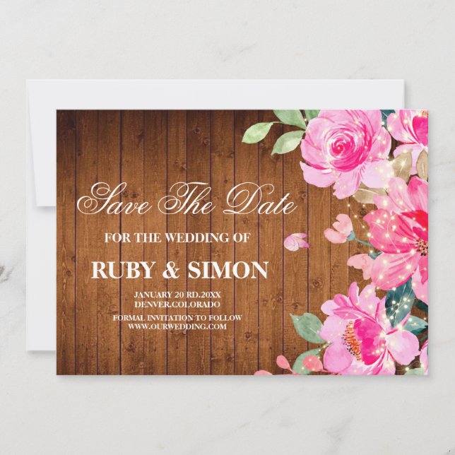 Rustic Wedding Wood string Lights Floral Wedding Save The Date (Front)