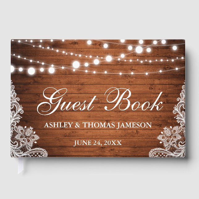 Rustic Wedding Wood String Lights Lace Guest Book (Front)
