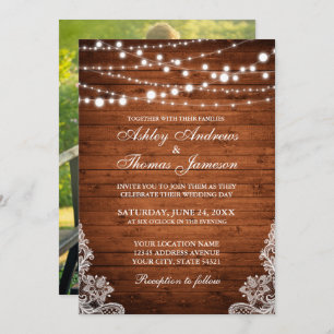 Rustic Wedding Wood String Lights Lace Invite P