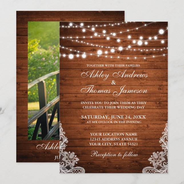 Rustic Wedding Wood String Lights Lace Invite PB (Front/Back)