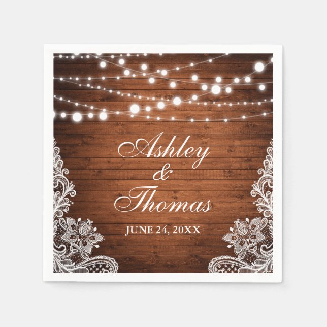 Rustic Wedding Wood String Lights Lace Napkin (Front)