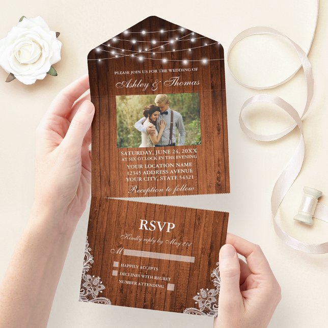 Rustic Wedding Wood String Lights Lace Photo All In One Invitation (All In One Wedding Invitation with tear off RSVP Card)