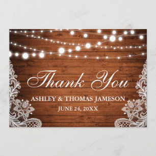 Rustic Wedding Wood String Lights Lace Thank You Card