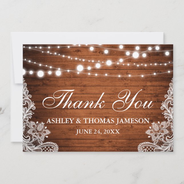 Rustic Wedding Wood String Lights Lace Thank You Card (Front)
