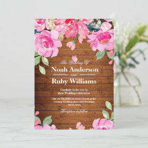 Rustic Wedding Wood string Lights Pink Floral Invitation