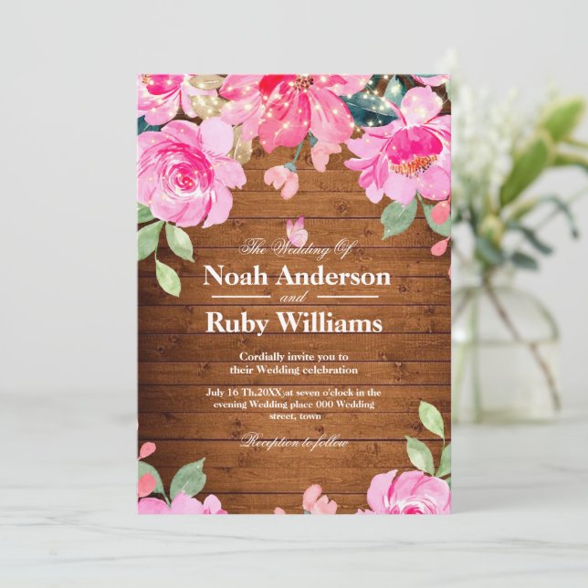 Rustic Wedding Wood string Lights Pink Floral Invitation (Standing Front)