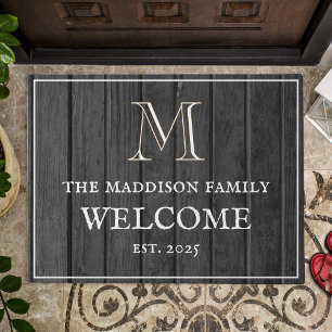 Rustic Welcome Black Wood Family White Monogram Doormat